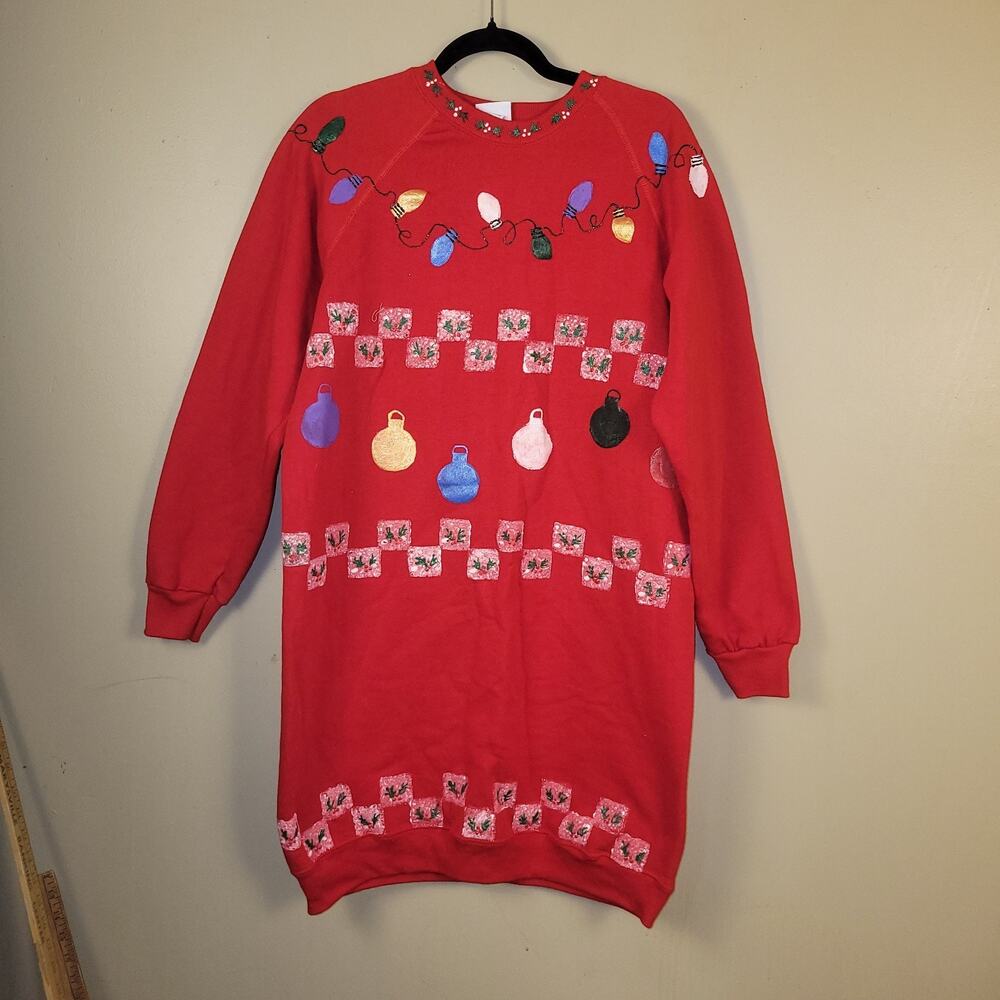 Vintage Wrangler Sweats Christmas Sweatshirt Dress XL Red Lights‎ Ornaments Ugly